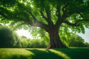 un grande árbol en el medio de un campo. generado por ai foto