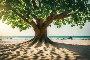 a tree on the beach with sand and water. AI-Generated photo