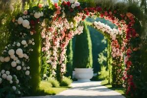 a walkway with flowers and greenery. AI-Generated photo