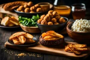 a variety of food on a wooden table. AI-Generated photo