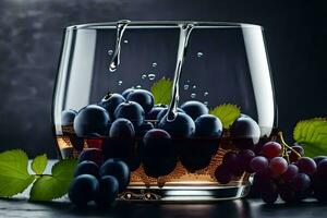 un vaso de vino con uvas y hojas. generado por ai foto