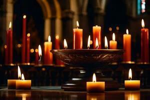 velas son iluminado en un Iglesia con velas generado por ai foto