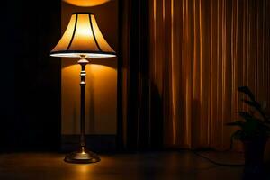 a lamp is on a table in front of a curtain. AI-Generated photo