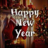 Happy New Year card. Red Christmas socks on a white fireplace. Elegant Christmas tree and gifts. AI-Generated photo