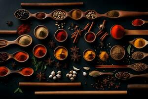 various spices and herbs in wooden spoons. AI-Generated photo