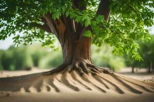 a tree with roots in the sand. AI-Generated photo