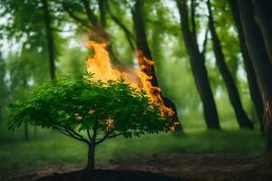 a small tree with flames coming out of it. AI-Generated photo