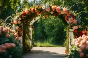 an archway with flowers and greenery. AI-Generated photo