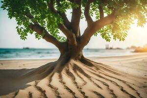 a tree with sand on the beach. AI-Generated photo