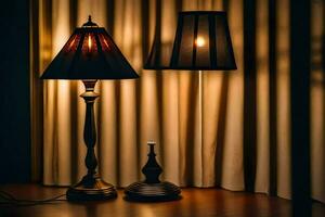 two lamps on a table in front of a curtain. AI-Generated photo