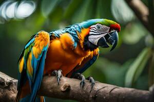 a colorful parrot sits on a branch. AI-Generated photo