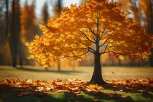 un soltero árbol en el medio de un otoño parque. generado por ai foto