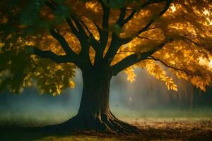 photo wallpaper autumn, tree, light, fog, foggy, tree, tree, autumn,. AI-Generated