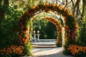 an archway decorated with orange flowers and pumpkins. AI-Generated photo