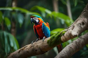 a colorful parrot sits on a branch in the jungle. AI-Generated photo