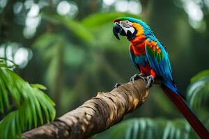 a colorful parrot sits on a branch in the jungle. AI-Generated photo