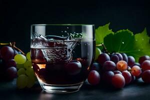 un vaso de vino con uvas en un oscuro antecedentes. generado por ai foto