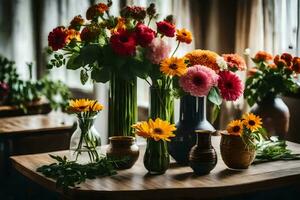 flores en floreros en un mesa. generado por ai foto