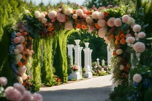 a wedding arch decorated with flowers and greenery. AI-Generated photo