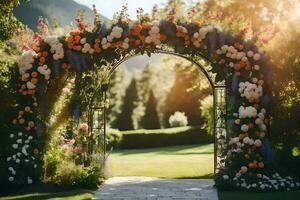 an archway with flowers and greenery in the background. AI-Generated photo