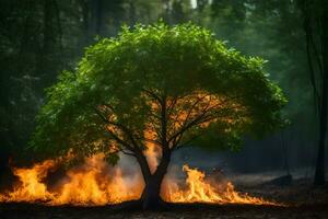 a tree is burning in the forest. AI-Generated photo