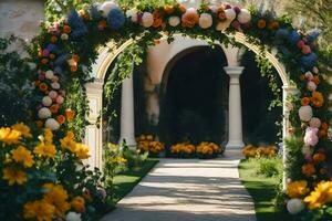 un Boda arco decorado con flores y verdor. generado por ai foto