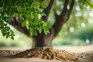 a tree with a sand mound in the middle of the desert. AI-Generated photo