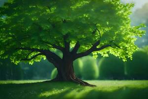 un árbol es mostrado en el medio de un verde campo. generado por ai foto