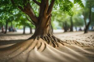 a tree with roots growing out of the sand. AI-Generated photo