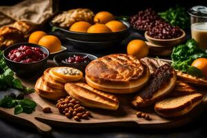 a variety of breads, fruits and vegetables on a wooden board. AI-Generated photo