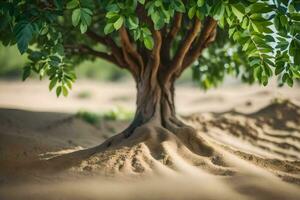 a tree with roots growing out of the sand. AI-Generated photo