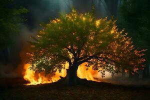 a tree with flames coming out of it in the forest. AI-Generated photo