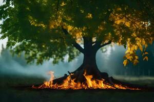 a tree with flames and leaves in the middle of the field. AI-Generated photo