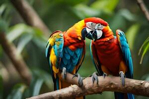 two colorful parrots sitting on a branch. AI-Generated photo