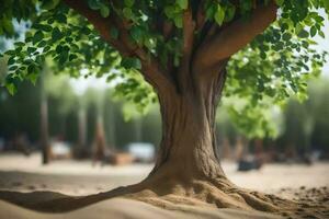 a tree with roots in the sand. AI-Generated photo