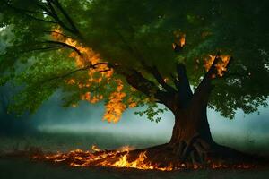 a tree with flames coming out of it in the middle of the forest. AI-Generated photo