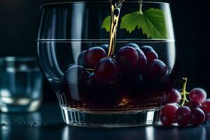 un vaso de vino con uvas y un hoja. generado por ai foto