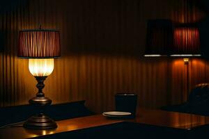 a lamp is on a table in a dark room. AI-Generated photo