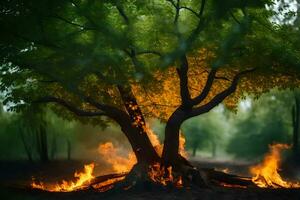 un árbol con llamas viniendo fuera de eso en el medio de el bosque. generado por ai foto