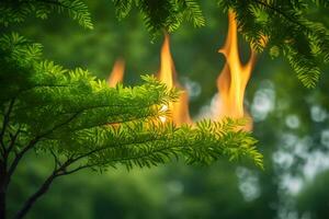 a green tree with flames coming out of it. AI-Generated photo