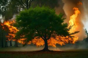 a tree is burning in the grass with smoke coming out of it. AI-Generated photo