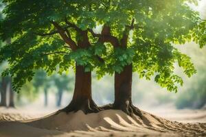 two trees in the sand with sunlight shining through them. AI-Generated photo