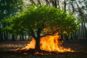 a tree is burning in the forest. AI-Generated photo