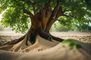 a tree with roots growing out of the sand. AI-Generated photo