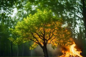 a tree is burning in the middle of a forest. AI-Generated photo