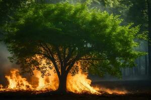 a tree is burning in the forest. AI-Generated photo