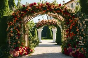 an archway with flowers and greenery. AI-Generated photo