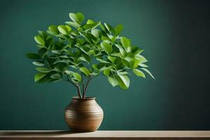 un pequeño planta en un marrón florero en un mesa. generado por ai foto