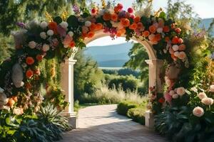 an archway with flowers and greenery. AI-Generated photo