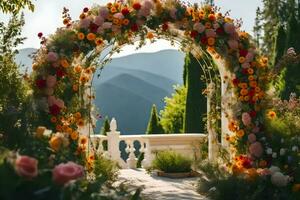 an archway with flowers and mountains in the background. AI-Generated photo